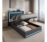 Poeahu Cama Canapé 90x200 con Espacio de Almacenamiento Hidráulico, Cama Individual con Iluminación LED Regulable y USB, Camas de 1 Plaza con Cabecero Tapizado, Acolchado Marco sin