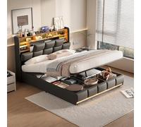 Poeahu - Cama con somier LED y USB, 140 x 190 cm, cama doble acolchada con almacenamiento hidráulico y cabecera de camas capitonada, camas para 2 personas con somier de madera sin colchón