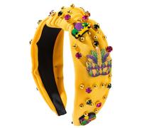 Poememgi Diadema con joyas de Mardi Gras, diadema anudada con perlas de cristal adornadas, diadema ancha con nudo superior para mujer