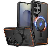 POETIC Neon MagPro - Carcasa para Samsung Galaxy S25 Ultra 5G, [soporte magnético de anillo] de doble capa, resistente a los golpes, color negro y naranja