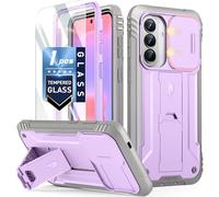 Poetic Revolution - Funda para Samsung Galaxy A37, protección de cámara deslizante, protector de pantalla de vidrio templado, anticaídas grado militar de 6 m, completa, doble capa, atril, morado/gris