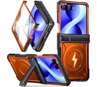 Poetic Spartan - Funda para Samsung Galaxy Z Flip 8, protección de bisagra, compatible con MagSafe, protector de pantalla de vidrio templado, resistente a prueba de golpes, con soporte, color naranja