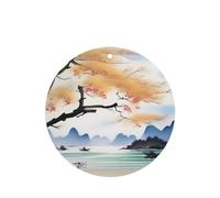 Poezjzw Ambientadores de aire de coche con patrón de paisaje de tinta, 4 unidades, forma redonda, para colgar, tabletas de aromaterapia, ambientadores perfumados para dormitorio y baño