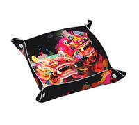 Poezjzw Bandeja doble con patrón de danza de león para señoritas, de cuero, para joyas, llaves, teléfono, monedero, caja de almacenamiento para mesita de noche