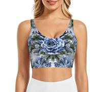 POEZJZW Blue Snow and Flowers - Brasier deportivo para mujer, sin mangas, atlético, gimnasio, en forma de U, para entrenamiento, fitness, Negro, M