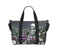 Poezjzw Bolsa de viaje con diseño de esqueleto en un mar de flores, para fin de semana, para mujer, bolsas de hospital para trabajo de parto y parto, bolsa de equipaje nocturna, color negro, talla