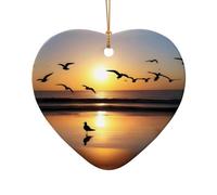 Poezjzw Gaviotas al atardecer Adorno de Navidad de cerámica en forma de corazón colgante regalos para vacaciones de Navidad, adornos para decoración del hogar