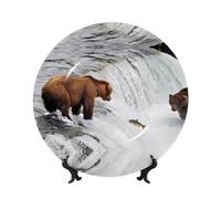 POEZJZW Plato decorativo de porcelana china con patrón de osos pescando en río, suave y no perjudicial para las manos, obra de arte clásica adecuada para el hogar y la oficina, 10 pulgadas