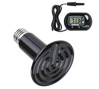 POFET Lámpara de Calor para Reptiles de 100 W con un termómetro Digital, emisor de lámparas sin luz de calefacción de cerámica infrarroja 220-230 V (Negro)