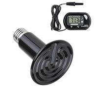 POFET Lámpara de Calor para Reptiles de 200 W con un termómetro Digital, emisor de lámparas sin luz de calefacción de cerámica infrarroja 220-230 V (Negro)