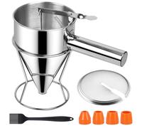 POFIBO Dispensador de Masa - 1200m Dispensador de Masa para Tortitas, Embudo de Acero Inoxidable con Soporte, Cepillo de Limpieza, Cepillo de Silicona y 4 Boquillas de Recambio, para Postres