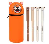 POFIBO Estuche de silicona suave Kawaii, 2 en 1, con cremallera, soporte para lápices de mesa, dibujos animados con 4 lápices borrables para la escuela, suministros de oficina en casa, naranja, Tigre