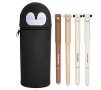 POFIBO Estuche de silicona suave Kawaii, 2 en 1, con cremallera, soporte para lápices de mesa, dibujos animados con 4 lápices borrables para la escuela, suministros de oficina en casa, Negro