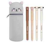 POFIBO Estuche de silicona suave Kawaii, 2 en 1, con cremallera, soporte para lápices de mesa, dibujos animados con 4 lápices borrables para la escuela, suministros de oficina en casa, gris, CAT