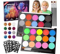 POFIBO Pintura Facial - Maquillaje Infantil con Face Painting 30 Colores, 12 Purpurinas, 4 Pinceles, 60 Diseños de Tatuajes, Maquillaje Infantil Halloween