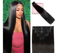 POGINJA Extensiones de cabello humano Remy con clip para mujeres negras, invisibles, naturales, lisas, sin costuras, extensiones de pelo con clip, doble trama, 61 cm, 120 g, 8 unidades