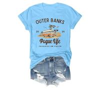 Pogue Life - Camiseta de manga corta para mujer, estilo informal, color liso, estampado bonito, cuello redondo, manga corta, elegante, azul celeste, M