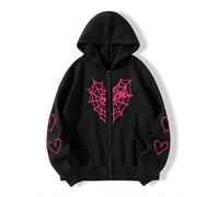 POHADON Sudadera con capucha Y2K de gran tamaño con cremallera para mujeres y hombres, sudadera gótica con estampado de corazón de telaraña, punk Harajuku Alt Emo Streetwear, ROSA ROSA, Medium
