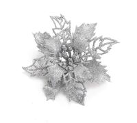 Poinsettia 10 unidades de flores de Navidad brillantes con clips, flores de Navidad brillantes para decoración de árbol de Navidad, flores de Navidad para Navidad, jardín, Año Nuevo, coronas, plata