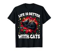 Poinsettia Christmas Life Is Better with Cats Cute Xmas Cat Camiseta