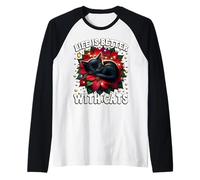 Poinsettia Christmas Life Is Better with Cats Cute Xmas Cat Camiseta Manga Raglan