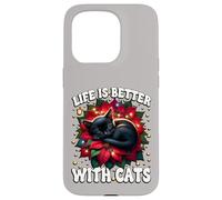 Poinsettia Christmas Life Is Better with Cats Cute Xmas Cat Carcasa para iPhone 15 Pro