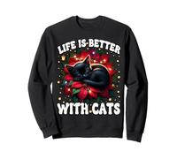 Poinsettia Christmas Life Is Better with Cats Cute Xmas Cat Sudadera