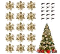 Poinsettia de Brillo Navideño, FainFun 15 Piezas 14 * 14CM Adornos de Flores para Arbol Navidad, Flor de Nochebuena Dorado Plateado Rojo, Flor Navideña para Decoraciones (Oro)