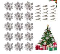 Poinsettia de Brillo Navideño, FainFun 15 Piezas 14 * 14CM Adornos de Flores para Arbol Navidad, Flor de Nochebuena Dorado Plateado Rojo, Flor Navideña para Decoraciones (Plata)