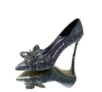 Pointed Shallow Mouth Stiletto Sandals Cinderella Rhinestone Pumps Banquet Dress Shoes Female Wedding Shoe(Black -7CM Heel,38)