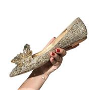 Pointed Shallow Mouth Stiletto Sandals Cinderella Rhinestone Pumps Banquet Dress Shoes Female Wedding Shoe(Gold Drill Flat,36)