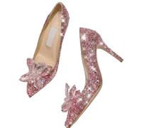 Pointed Shallow Mouth Stiletto Sandals Cinderella Rhinestone Pumps Banquet Dress Shoes Female Wedding Shoe(Pink -9CM Heel,35)