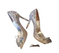 Pointed Shallow Mouth Stiletto Sandals Cinderella Rhinestone Pumps Banquet Dress Shoes Female Wedding Shoe(Silver Drill-9CMHeel,37)