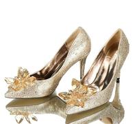 Pointed Shallow Mouth Stiletto Sandals Cinderella Rhinestone Pumps Banquet Dress Shoes Female Wedding Shoe(Gold -9CM Heel,37)