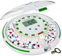 Pointells Dispensador automático de píldoras Planificador de medicamentos portátil 28 días Dispensa vitaminas y tabletas hasta 6 veces al día Incluye luz intermitente alarma y bloqueo de seguridad