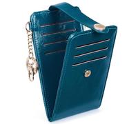 POIUGOYA Cartera delgada para mujer, con bloqueo RFID, tarjetero de crédito plegable con bolsillo para monedas, ventana de identificación y llavero, 1 aceite de cera azul pavo real, Minimalista