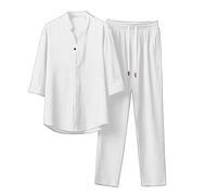 POIUIYQA Conjunto Hombre De Camisa De Manga Corta, Camisa De Color Liso Con Botones Y Pantalón Largo Con Cordón, Traje Casual De Dos Piezas Para Verano, Playa Y Ocio