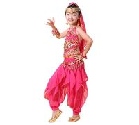 POIUIYQA Disfraz Danza del Vientre Niña Conjunto Completo 4 Piezas Traje Oriental Infantil con Top Cinturón de Monedas Pantalón y Velo para Fiesta Carnaval Show Escolar