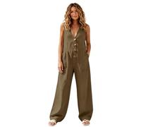 POIUIYQA Pantalones Mujer Verano Monos De Cuello Halter para Mujer Color Caqui Fruncido Sin Espalda Sin Mangas Pierna Ancha Pantalón Largo Informal con Lazo Cuello En V Botones Mono Mono