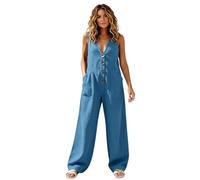 POIUIYQA Pantalones Mujer Verano Monos De Cuello Halter para Mujer Color Caqui Fruncido Sin Espalda Sin Mangas Pierna Ancha Pantalón Largo Informal con Lazo Cuello En V Botones Mono Mono