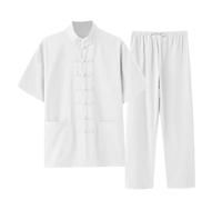 POIUIYQA Traje de lino para hombre chándal de verano estilo chino Tai Chi Qigong Tang traje de manga corta camisa y pantalones de dos piezas elegante casual traje de chándal de un solo color