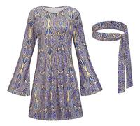 POIUIYQA Vestido hippie de los años 70 para mujer retro de discoteca con vestidos turbantes signo de paz gafas collar disfraces de carnaval temáticos fiestas Cosplay ceremonia streetwear Y2K Hip