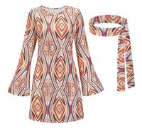 POIUIYQA Vestido hippie de los años 70 para mujer retro de discoteca con vestidos turbantes signo de paz gafas collar disfraces de carnaval temáticos fiestas Cosplay ceremonia streetwear Y2K Hip