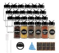 pojah Juego de 24 tarros de especias, 120 ml, tarros de especias rectangulares con tapa negra, embudo, cepillo, etiquetas y rotulador de tiza, 10,5 x 4,3 cm