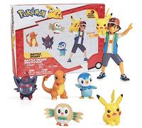 Pokémon Battle Ready! Juego de figuras, 6 piezas - Ceniza de 4.5 pulgadas y Pikachu lanzador, Charmander de 2 pulgadas, Rowlet, Piplup, Zorua - Producto oficial - Regalo de cesta de Pascua para niños,