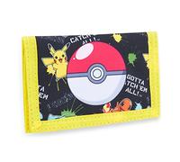 Pokémon Billetera Trifold para Niños con Compartimento - Cremallera para Monedas y Bolsillo Transparente para DNI (Negro/Amarillo)