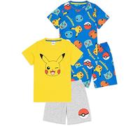 Pokemon Boys 2 Pack Pijamas | Niños Amarillo Pikachu Azul Bulbasaur Charmander Squirtle Personajes T-Shirts Shorts Set | Juego Ropa de Dormir Mercancía