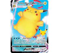 Pokemon Celebraciones Surf Pikachu VMAX, 25 cumpleaños, arte completo holográfico raro VMAX + tarjeta sorpresa