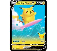 Pokémon Celebrations Surfing Pikachu V, 25 Aniversario Completo Arte Raro Holo + Tarjeta Sorpresa