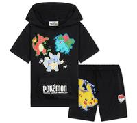 Pokémon Chandal Deportivo Conjunto Verano Niño Adolescente de 2 Piezas con Sudadera con Capucha y Pantalon Corto Pikachu Regalo Niños (13-14 Años, Negro)